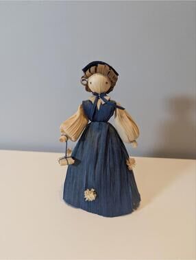 Vintage Handmade Corn Husk Doll Blue Dress Folk Art Decor  Description: